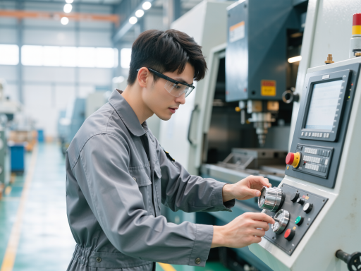 Modern manufacturing facility with precision machinery, engineers working on industrial equipment, high-tech production environment